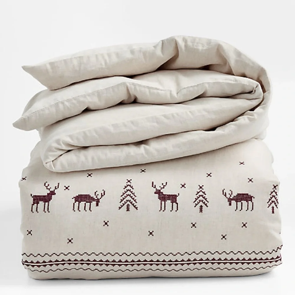 New! 🦌✨Crate&Barrel Reindeer Embroidered Cotton Linen Cross Stitch Natural Duvet